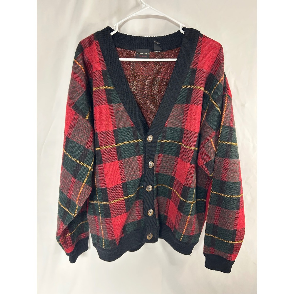Vintage Structure Mens Small Red Green Plaid 100% Wool V-Neck Cardigan Sweater